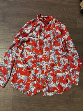 Red Animal Print Button-Up Blouse